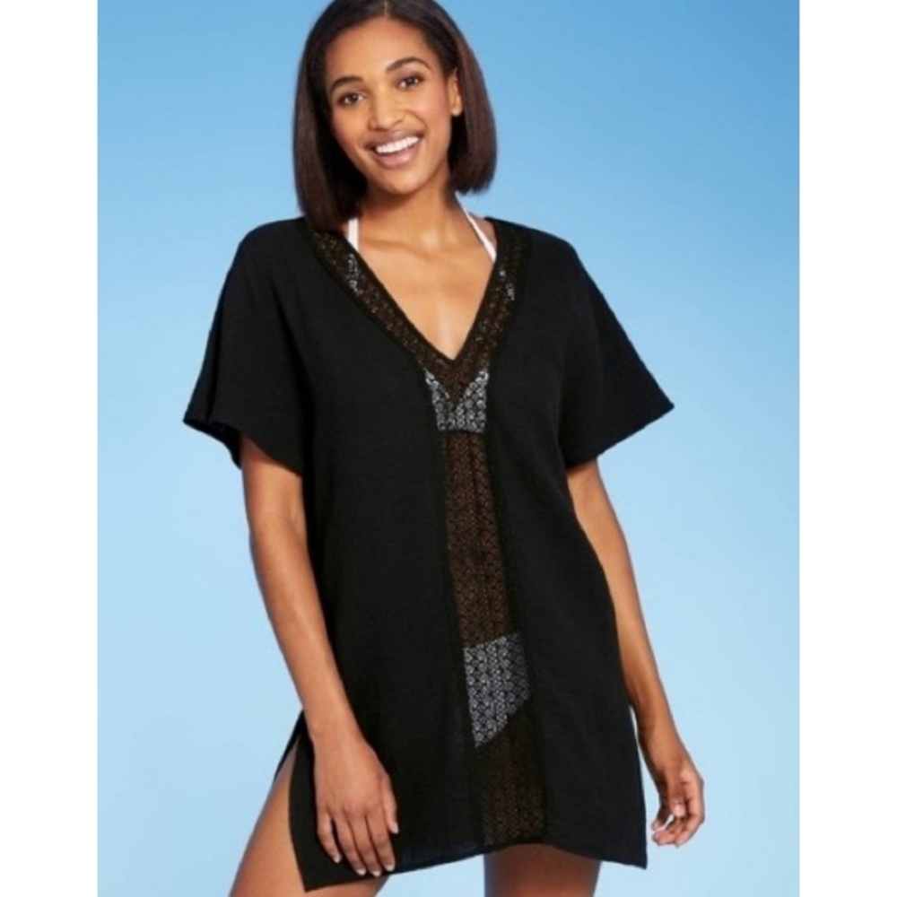 Kona Sol Vneck Crochet insert Swim cover Black Size S